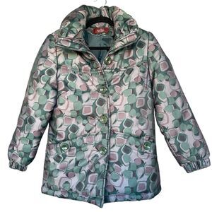 jLon Qiao Puffer‎ Jacket Womens Large Green Full Zip Pebble Camo Puff Collar